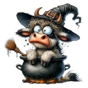 12 Lustige Halloween-Kuh PNG - Dummes Kalb im Hexenhut, der in sprudelndem Kessel mit Besen sitzt, niedliches gruseliges Clipart