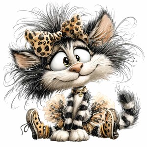 May include: A whimsical cartoon cat with a black and white striped body, wearing a leopard print bow, collar, and shoes. The cat is smiling with wide eyes and a tutu. The image has a playful and artistic style.