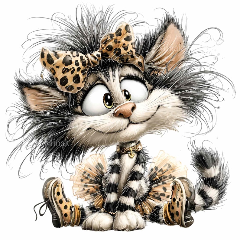 May include: A whimsical cartoon cat with a black and white striped body, wearing a leopard print bow, collar, and shoes. The cat is smiling with wide eyes and a tutu. The image has a playful and artistic style.