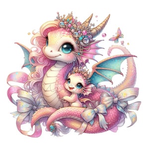 May include: A pink dragon with a crown and a smaller pink dragon with a crown. Both dragons have blue eyes and are surrounded by pink and white bows.