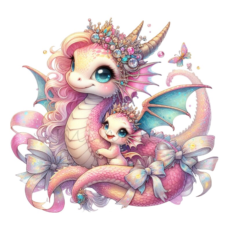 May include: A pink dragon with a crown and a smaller pink dragon with a crown. Both dragons have blue eyes and are surrounded by pink and white bows.