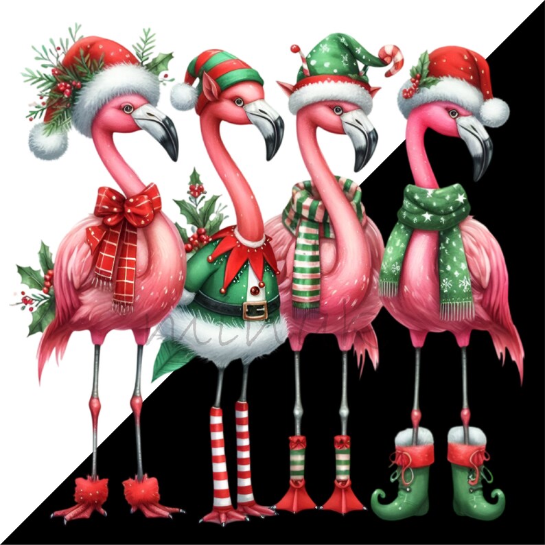 May include: Four pink flamingos dressed in festive Christmas attire. Each flamingo wears a different hat, scarf, or outfit, including Santa hats, elf hats, and striped scarves. The flamingos are set against a black and white background.