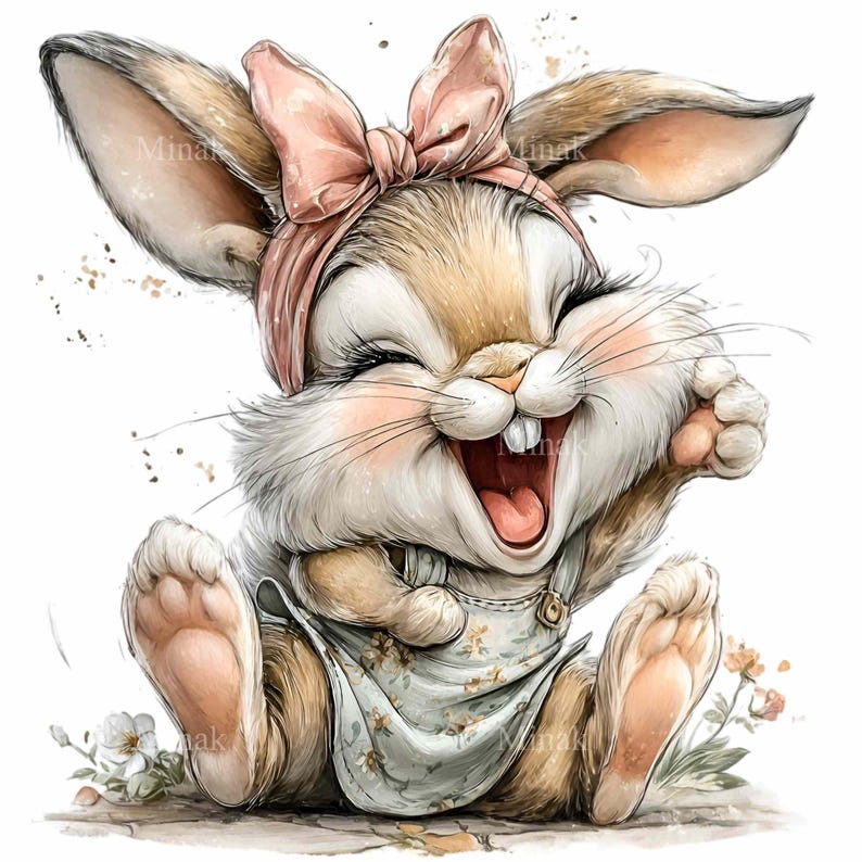 Puede incluir: Ilustraci&oacute;n en acuarela de un conejo sonriente con un lazo y una diadema rosas. El conejo lleva un vestido con estampado floral y est&aacute; rodeado de flores. El conejo est&aacute; sentado y riendo.