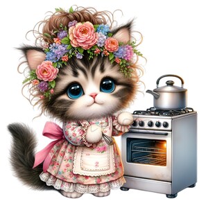 Clipart PNG de chat de cuisine - 12 adorables chatons avec une couronne de fleurs et une illustration de cuisinière - Art en téléchargement numérique