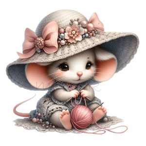 12 cliparts souris à tricoter PNG - jolie souris avec chapeau PNG - art animalier vintage pour cartes, scrapbooking, gobelets, projets d'artisanat