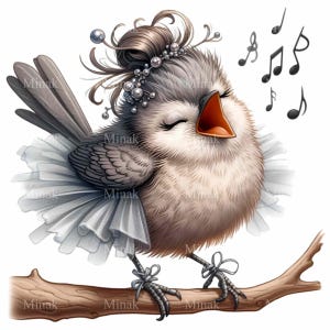 12 imágenes prediseñadas de pájaros cantores. Lindo pájaro con perlas y tutú en una rama. Perfecto para manualidades e invitaciones.