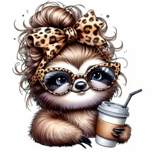 12 PNG Lindo Perezoso con Café PNG Clipart – Perezoso de Ojos Grandes Sosteniendo una Taza con Gafas y Lazo de Leopardo – Arte Digital Animal Divertido