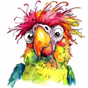 12 imágenes PNG de loros coloridos en estilo acuarela / Ilustración divertida de pájaro tropical con efecto salpicado / Descarga instantánea