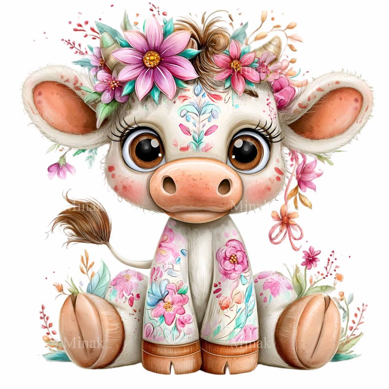 16 PNG Floral Cow Clipart, Whimsical Farm Animal Garden Art - Etsy