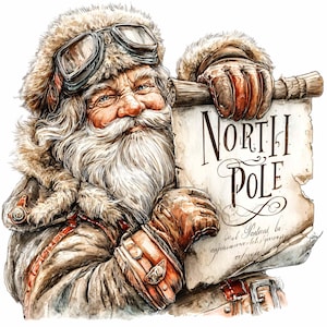 10 png-retro Explorer-santa – vintage kerst-png-clipart – rustieke vakantiekunst met scroll voor kaarten, knutselen, sublimatieprojecten