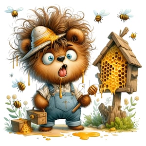 15 schattige beer png imker clipart png, honingbeer digitale kunst, grillige dierenillustratie, cartoon beer met honingraat