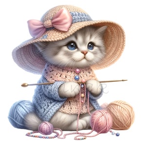 12 Clipart PNG chat mignon au crochet avec des pelotes de laine, kitty en chapeau et pull avec crochet, art animalier en téléchargement numérique