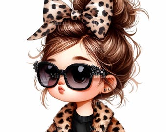 12 Trendy Girl PNG Clipart - Stylish Brunette with Leopard Bow, Sunglasses & Chic Outfit, Fashionable Digital Art, Download