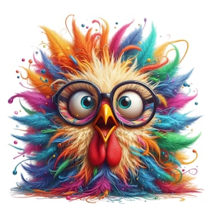 14 Clipart PNG de poulet drôle, poule colorée de dessin animé avec des lunettes et des plumes folles, décoration de ferme lumineuse en téléchargement numérique