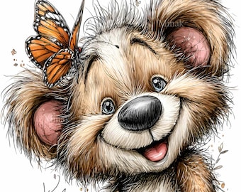11 imágenes prediseñadas de oso PNG: lindo oso con mariposa, descarga digital para impresiones de guardería, decoración de fiestas infantiles, invitaciones y manualidades