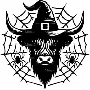 4 SVG Highland Kuh Hexenhut SVG, Halloween Bauernhof Tier mit Spinnennetzen, gruselige Stier Silhouette Cut File zum Basteln