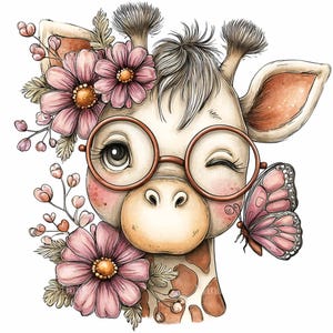 16 PNG Giraffe With Glasses Clipart, Floral Safari Animal Art, Winking Calf Graphic