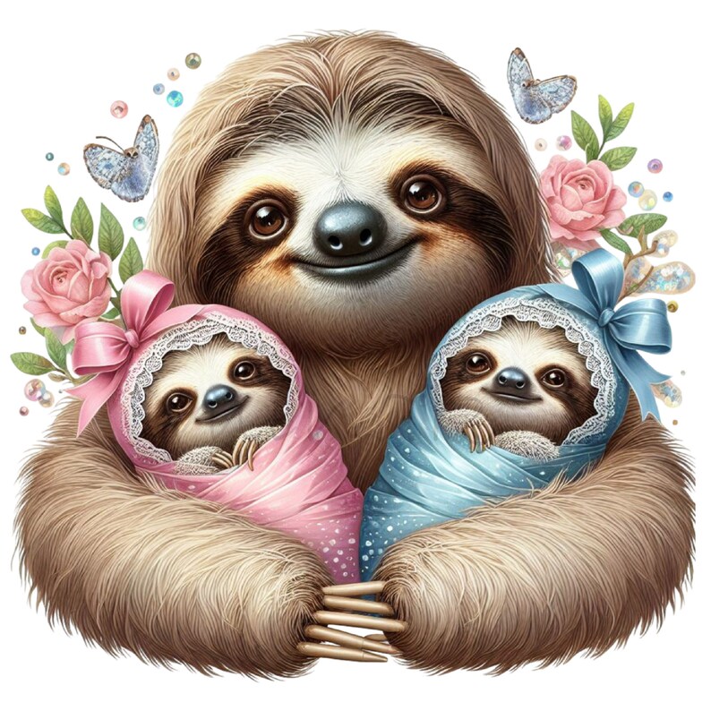 12 PNG Mama Sloth Clipart, Swaddle Baby Twins Sublimation, Floral Bow ...