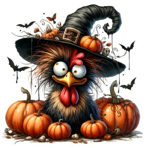 14 PNG Crazy Chicken Halloween clipart - Poule sorcière PNG - Art drôle d'oiseau fantasmagorique pour l'artisanat d'automne, décoration de fête, conception par sublimation