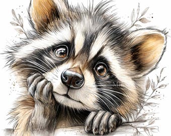 14 PNG Raccoon Clipart, Curious Trash Panda Illustration, Woodland Animal Sketch