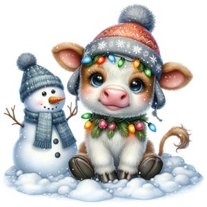 12 PNG Süße Weihnachtskalb Clipart, Baby-Kuh in der Wintermütze PNG, Cartoon-Kuh mit Lichtern und Schneemann, Urlaub-Kinderzimmer-Dekor