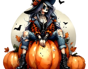 12 PNG Girl Witch Halloween Pumpkin Moon Clipart