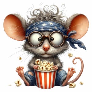 Funny Mouse with Popcorn and Glasses PNG Clipart - 14 Cute Animal in Bandana and Striped Bucket - Whimsical Snack Time Art