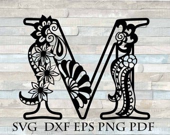 Letter M initial monogram svg file for cricut, mandala letter svg, zentangle alphabet monogram svg