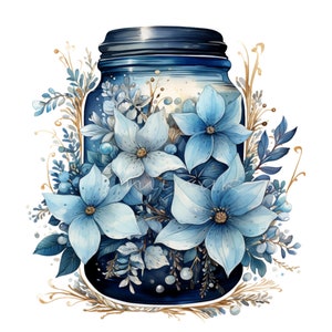 10 PNG Blue Floral Jar Clipart – Elegant Mason PNG with Flowers and Gold Leaves – Rustic Watercolor Art for Crafts and Decor