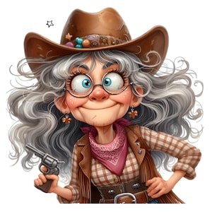 Divertente Cowgirl Nonna Clipart PNG - 14 Vecchia Signora eccentrica con cappello e pistola, Illustrazione occidentale del fumetto, Download digitale istantaneo