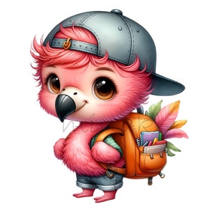 May include: A cute cartoon flamingo wearing a gray baseball cap and carrying an orange backpack. The flamingo has pink feathers, big brown eyes, and is wearing denim shorts. The backpack is filled with school supplies and colorful feathers.
