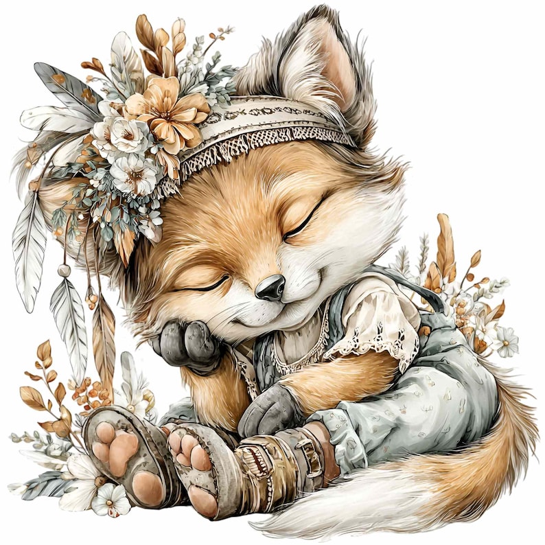 May include: A whimsical illustration of a sleeping fox with closed eyes. The fox is adorned with a floral and feather headdress, wearing a light blue outfit and brown boots. The artwork features soft colors and a bohemian theme.