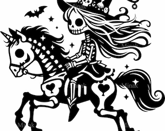 5 Skeleton Witch Svg, Unicorn Riding Spooky Fantasy Art Design
