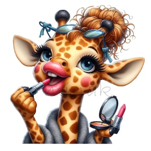 Giraffa glamour che applica clipart di trucco / Illustrazione adorabile della giraffa 15 PNG / Perfetto per design di bellezza e moda