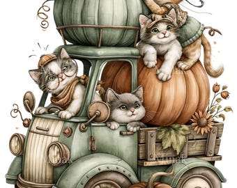 12 imagens PNG de gatos de outono, caminhão de abóboras, gatinhos e colheita.