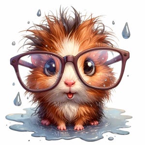 Conejillo de Indias PNG Clipart con gafas, pelaje esponjoso y charco de agua, 12 PNG perfectos para lindas manualidades, decoración e invitaciones