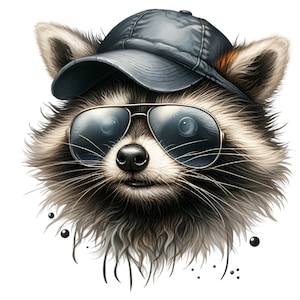 12 fantastiche clipart PNG di procioni - Procione con occhiali da sole e berretto da baseball - Divertente arte di sublimazione di animali per magliette e decorazioni per adolescenti