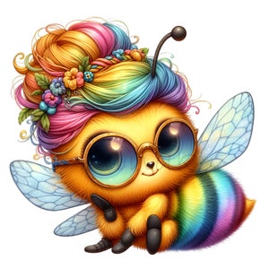 Honigbiene Clipart, niedliche Hummel Clip Art, 12 PNG Messy Bun Regenbogen Clipart, digitale Downloads, Kartenherstellung, Sublimation, Junk Journal