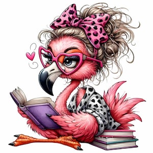 12 PNG Reading Flamingo, Book Lover Glasses Teacher School Clipart