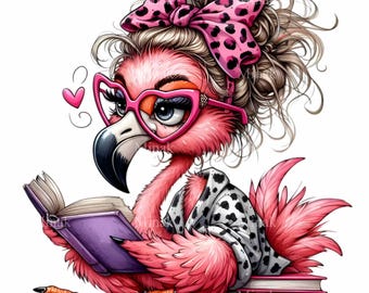 12 PNG Reading Flamingo, Book Lover Glasses Teacher School Clipart