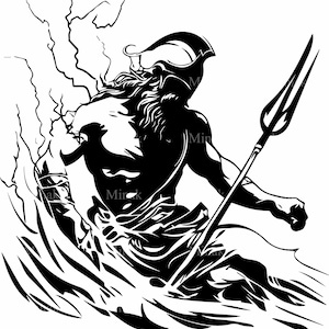 4 SVG Poseidón Dios del mar SVG, Archivo de corte de guerrero tridente, Clipart de mitología griega, Silueta de deidad del océano para Cricut