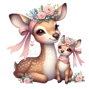 Puede incluir: Dos adorables ciervas con diademas florales rosas y cintas rosas. La cierva m&aacute;s grande tiene manchas marrones y est&aacute; sentada. La cierva m&aacute;s peque&ntilde;a est&aacute; de pie y mirando al espectador.