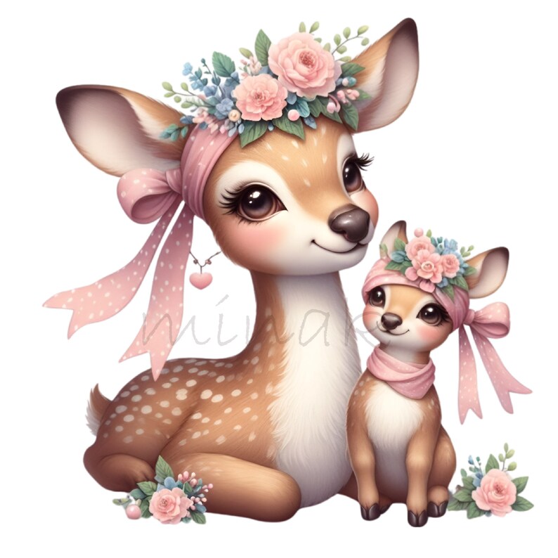 Puede incluir: Dos adorables ciervas con diademas florales rosas y cintas rosas. La cierva m&aacute;s grande tiene manchas marrones y est&aacute; sentada. La cierva m&aacute;s peque&ntilde;a est&aacute; de pie y mirando al espectador.