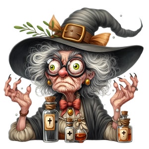 May include: A cartoon witch with gray hair and a black pointed hat with a gold buckle and a yellow ribbon. She is wearing a gray robe and a red bow tie. She is holding two bottles of potion in her hands. The bottles are clear glass with cork stoppers and a white cross on the label. The bottles are sitting on a table with a brown surface.