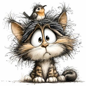 Funny cat clipart - kitten with bird PNG - whimsical digital art for kids crafts, printable wall decor, instant download