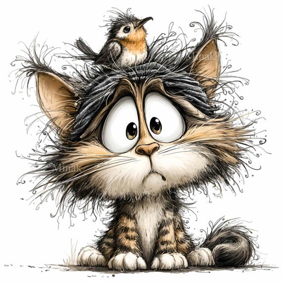 15 PNG Funny cat clipart - kitten with bird illustration - whimsical digital art for kids crafts, printable wall decor, instant download