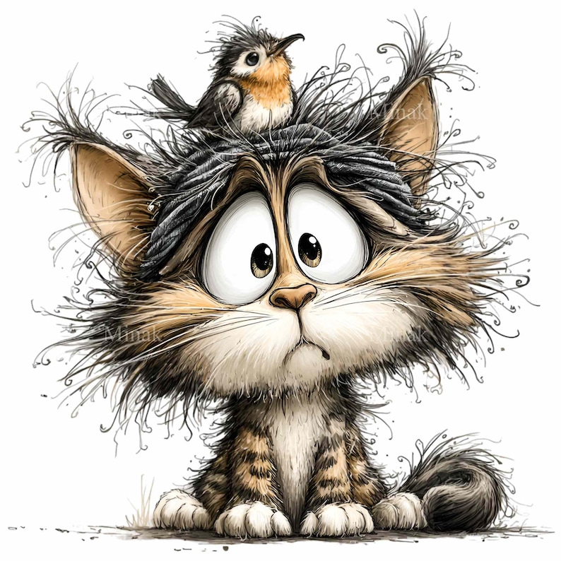 Funny cat clipart - kitten with bird PNG - whimsical digital art for kids crafts, printable wall decor, instant download