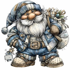 May include: A whimsical illustration of a Santa Claus figure, dressed in a patchwork denim outfit. He has a long white beard, a large nose, and is carrying a sack and a gift. His boots are brown and patterned. The overall color scheme is blue, brown, and white.