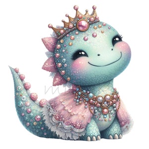 12 Princess Dinosaur PNG Clipart - Niedlicher Baby-Dino mit Krone, Perlen, rosa Kleid, Glitzer und glücklichem Lächeln