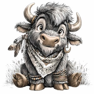 K&ouml;nnte beinhalten: Cartoon-Illustration eines l&auml;chelnden Yaks mit Halstuch, Federn und Schmuck. Das Yak ist grau und braun mit gro&szlig;en Augen und gebogenen H&ouml;rnern. Es sitzt im hohen Gras, vor wei&szlig;em Hintergrund.